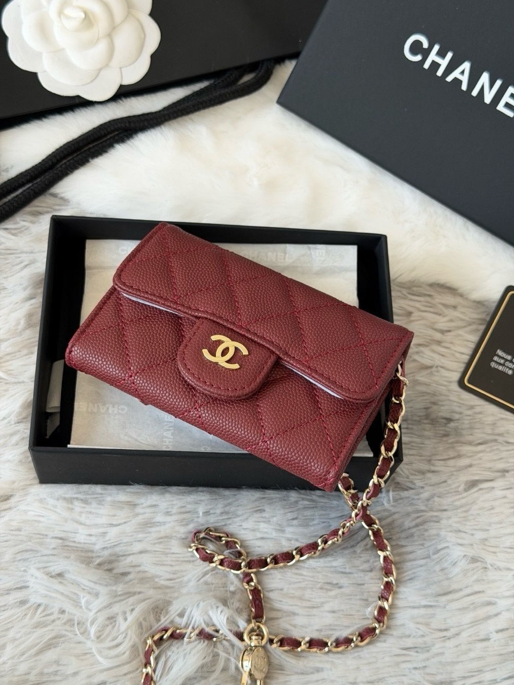 CHANEL Burgundy Quilted Caviar Leather Chain Crossbody Wallet